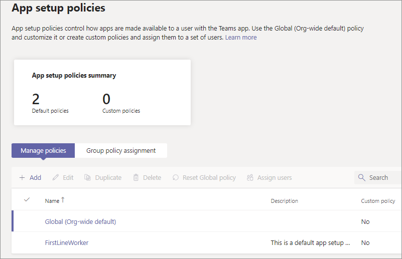 Screenshot of app setup policy in Teams admin center.