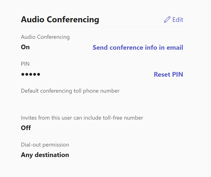 Screenshot of Audio Conferencing settings for a user in the Microsoft Teams Admin Center.