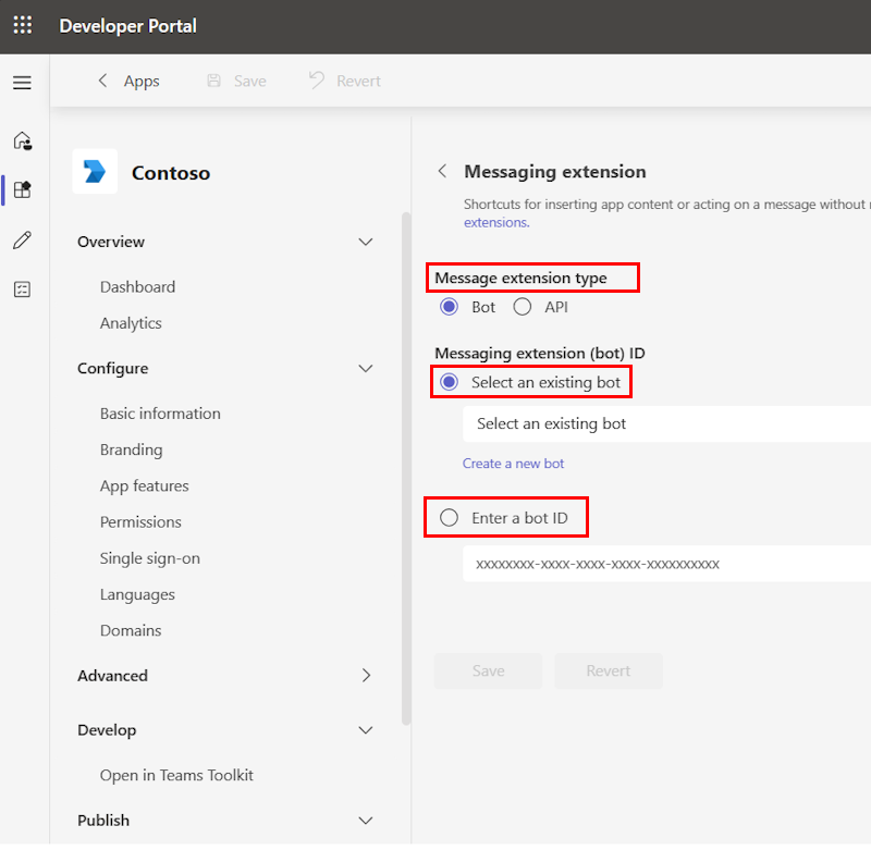 Screenshot shows the Bot, Existing bot, and Enter Bot ID options for messaging extension app feature in Developer Portal for Teams.