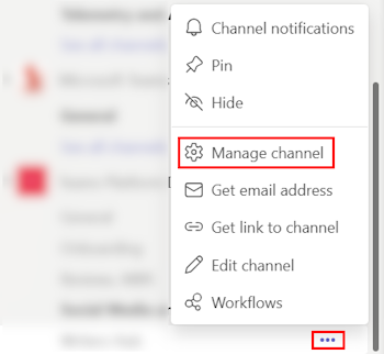 Screenshot shows the Manage channel option under More options for Teams 2.1.