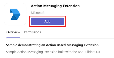 Screenshot of the app details dialog to add the message extension app.