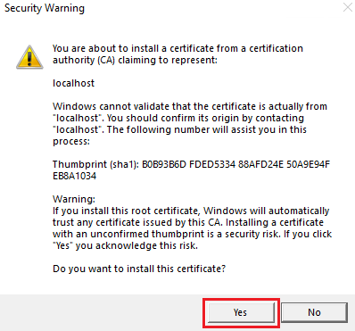 Screenshot of Security Warning with the Yes option highlighted in red.