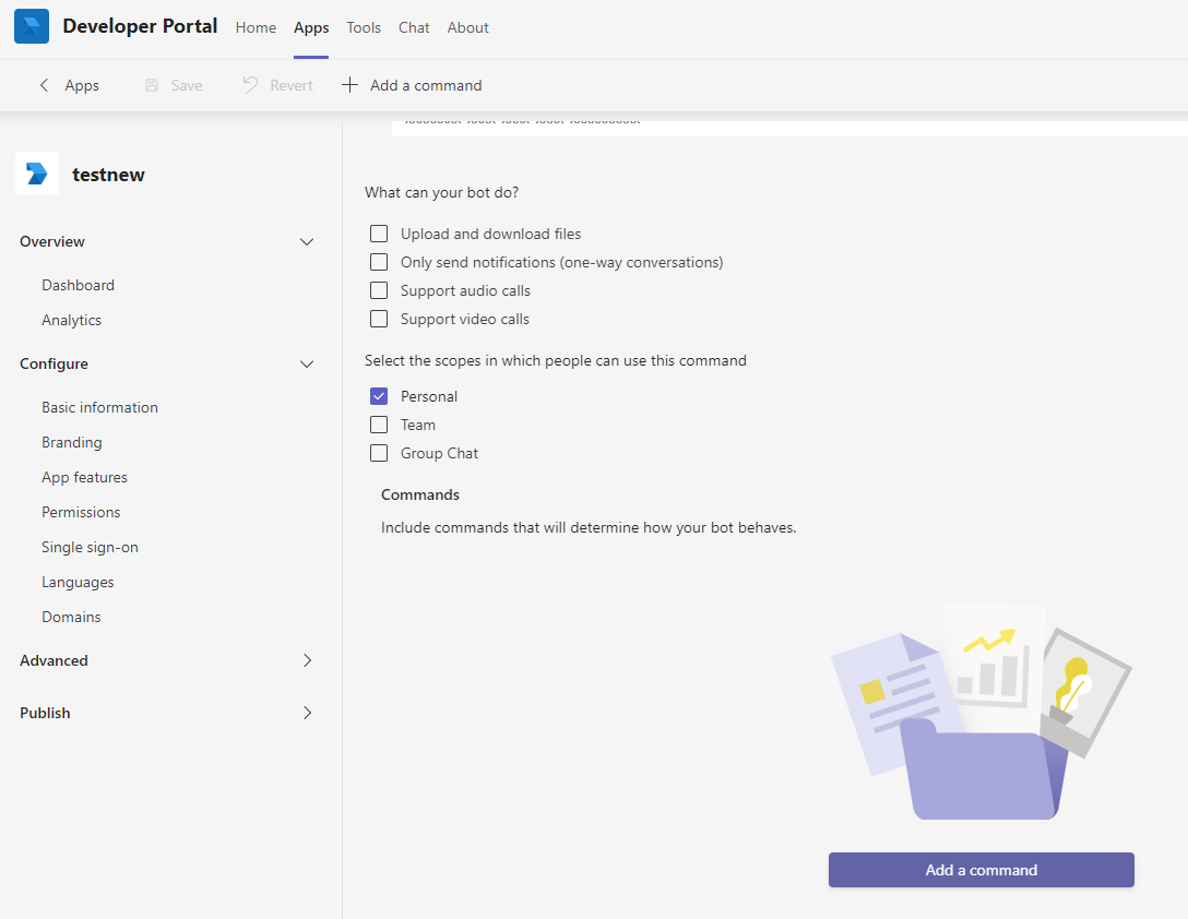 Screenshot shows how to add a command for your bot in Developer Portal.