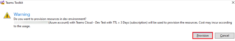 Screenshot of Teams Toolkit with Provision highlighted in red.
