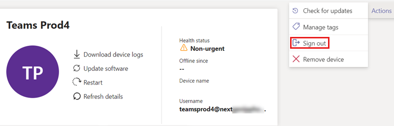 Screenshot of selecting the sign out option on the device page.