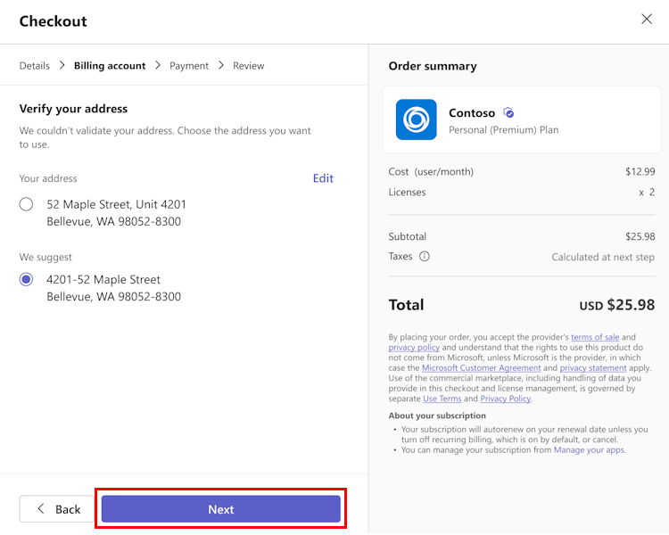 Screenshot showing the billing address verification dialog when admins purchase an app.