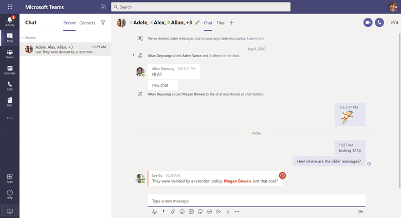 User in Teams explaining messages are deleted as a result of a Teams retention policy.