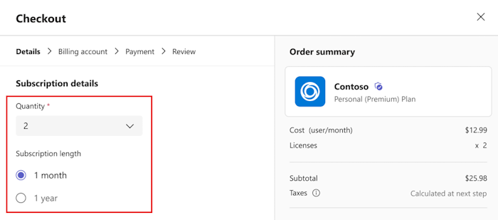 Screenshot showing the checkout dialog to select the number of licenses when an admin purchases an app.