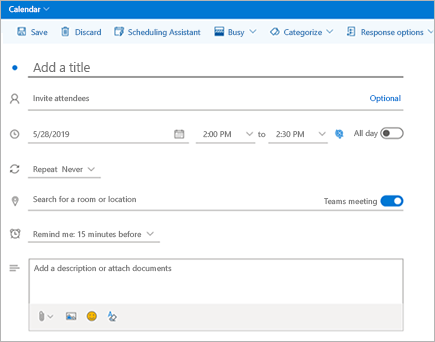 Screenshot of Teams Meeting add-in in Outlook Web App.