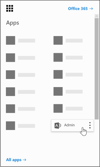 The Office 365 app launcher with the Admin app highlighted.
