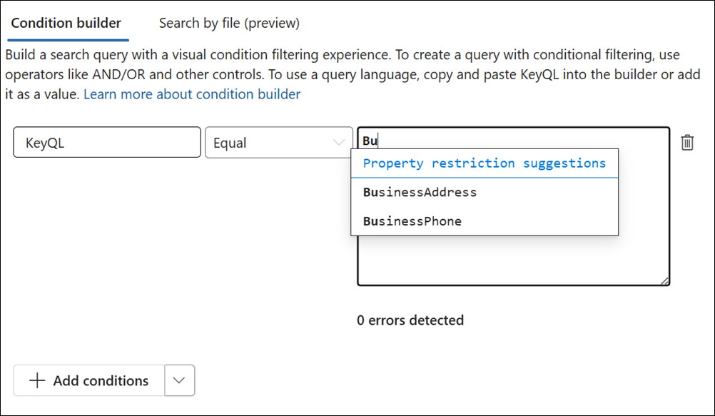 KeyQL editor suggests supported properties