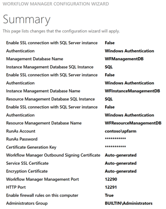 A screenshot showing the summary page of the SharePoint Workflow Manager configuration wizard.