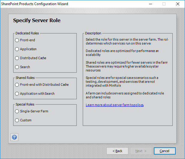 Displays PSConfig dialog with shared roles in SharePoint Server 2019