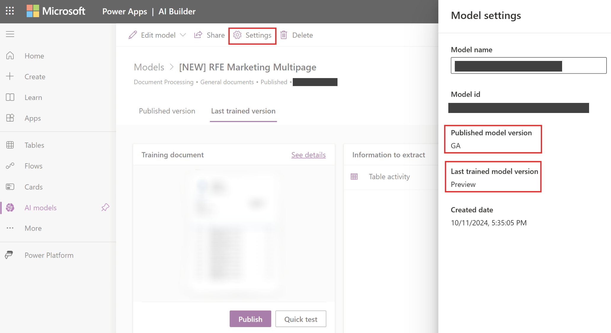 Screenshot of the 'Model settings' to get the last published model version GA and the last trained model version in preview.