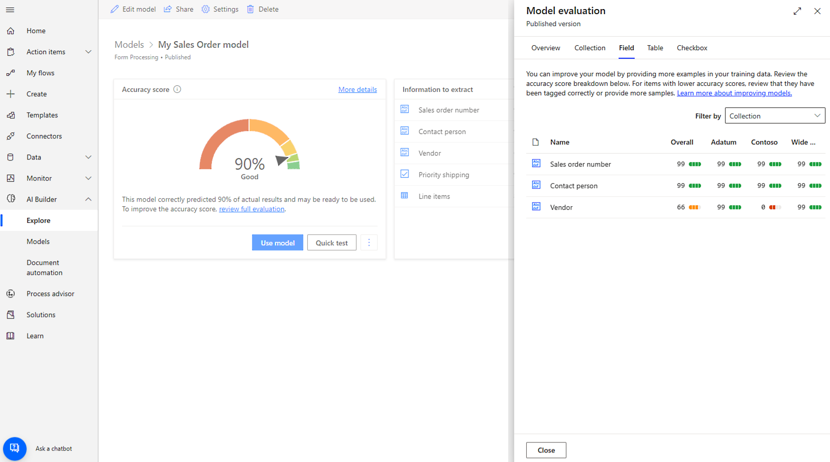 Screenshot of the 'Model evaluation' screen, 'Field' tab.