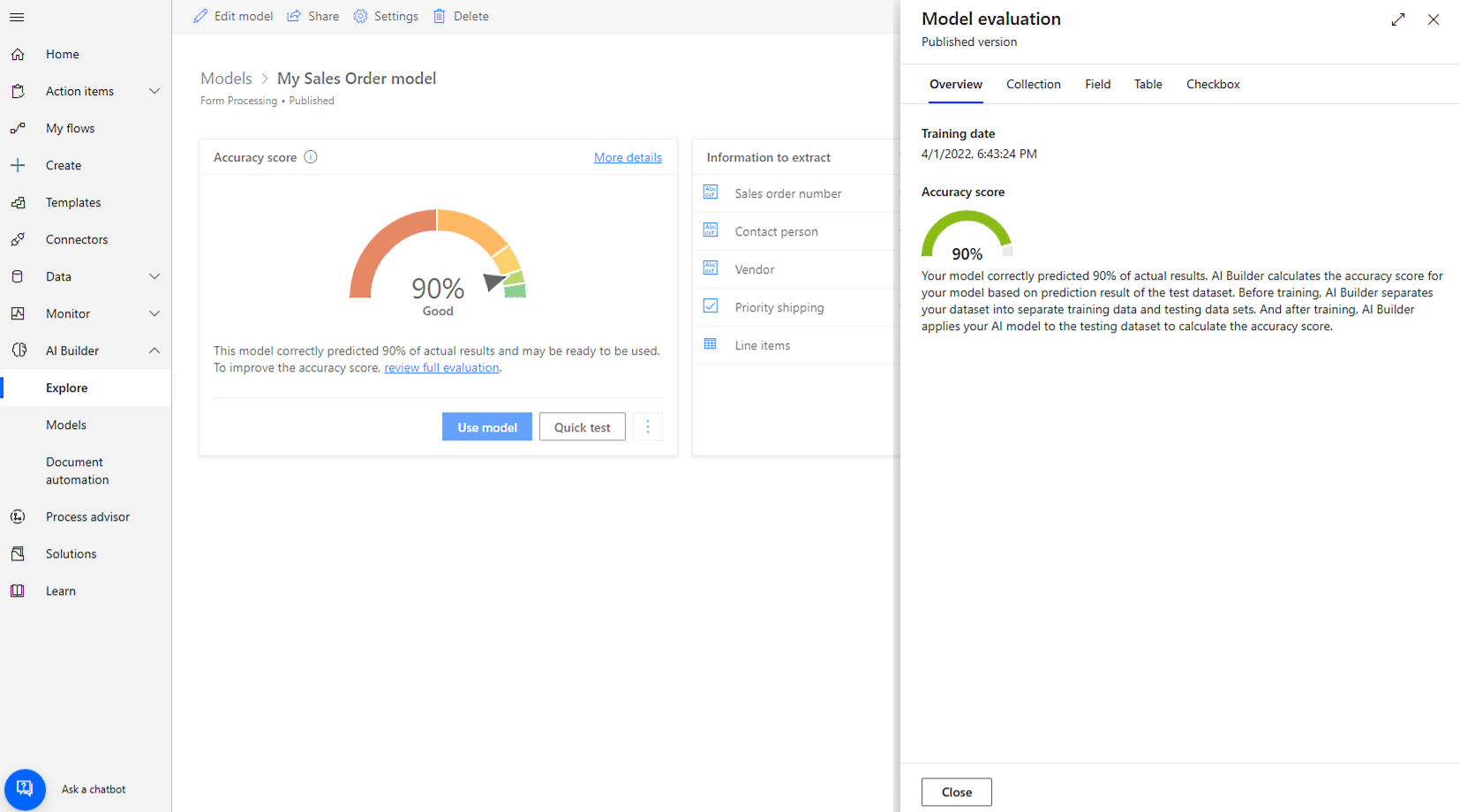 Screenshot of the 'Model evaluation' screen, 'Overview' tab.