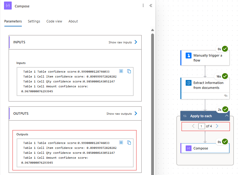 Predict showing the confidence score result of cells and table in a cloud flow.