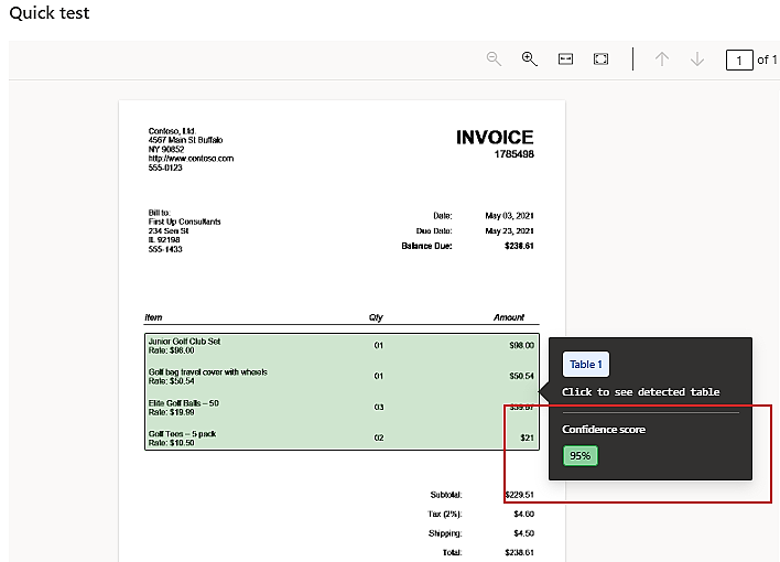 Screenshot of a quick test showing the confidence score of a table.