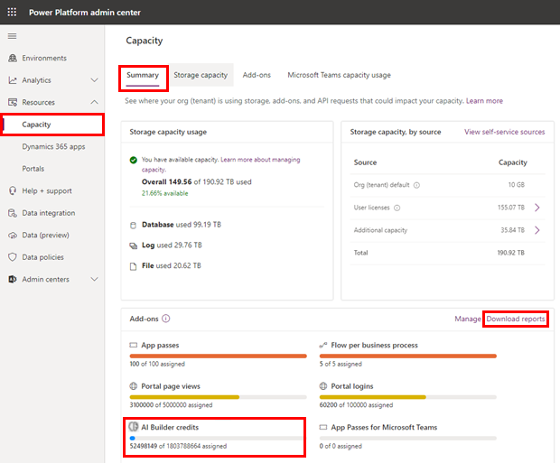 Screenshot of the Power Platform admin center capacity page.