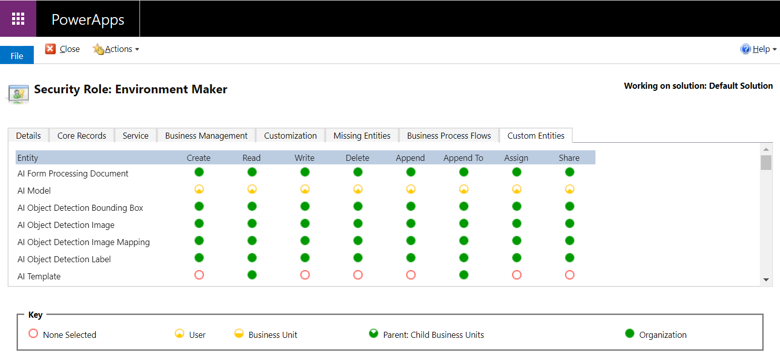 Screenshot of the security roles screen.