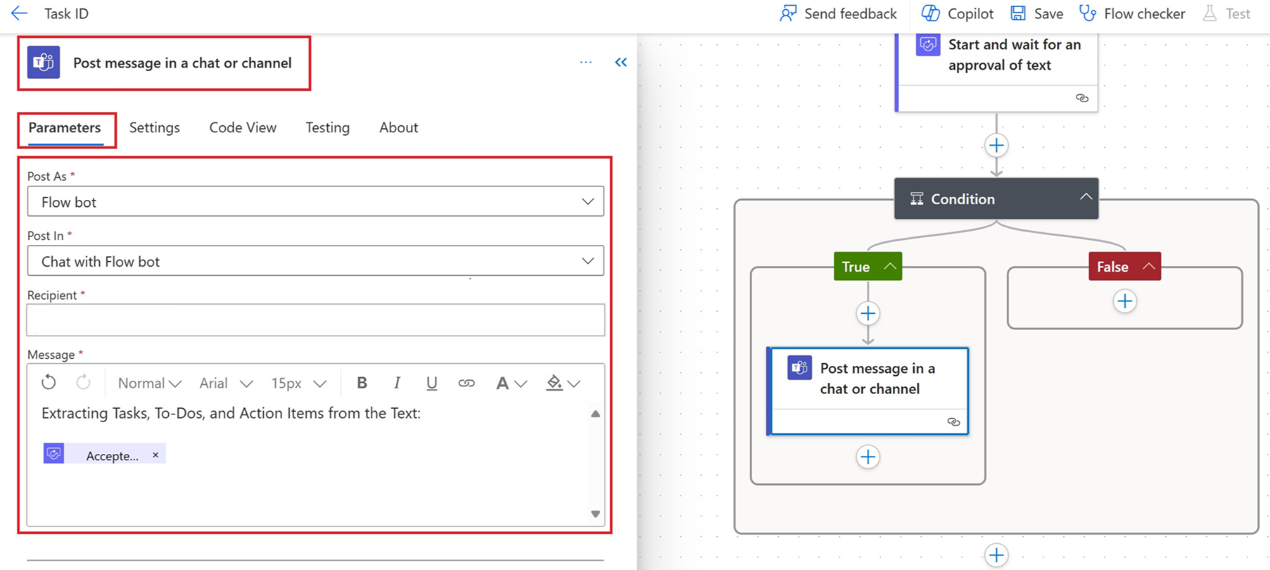 Screenshot of adding parameters for 'Post message in a chat or channel'.