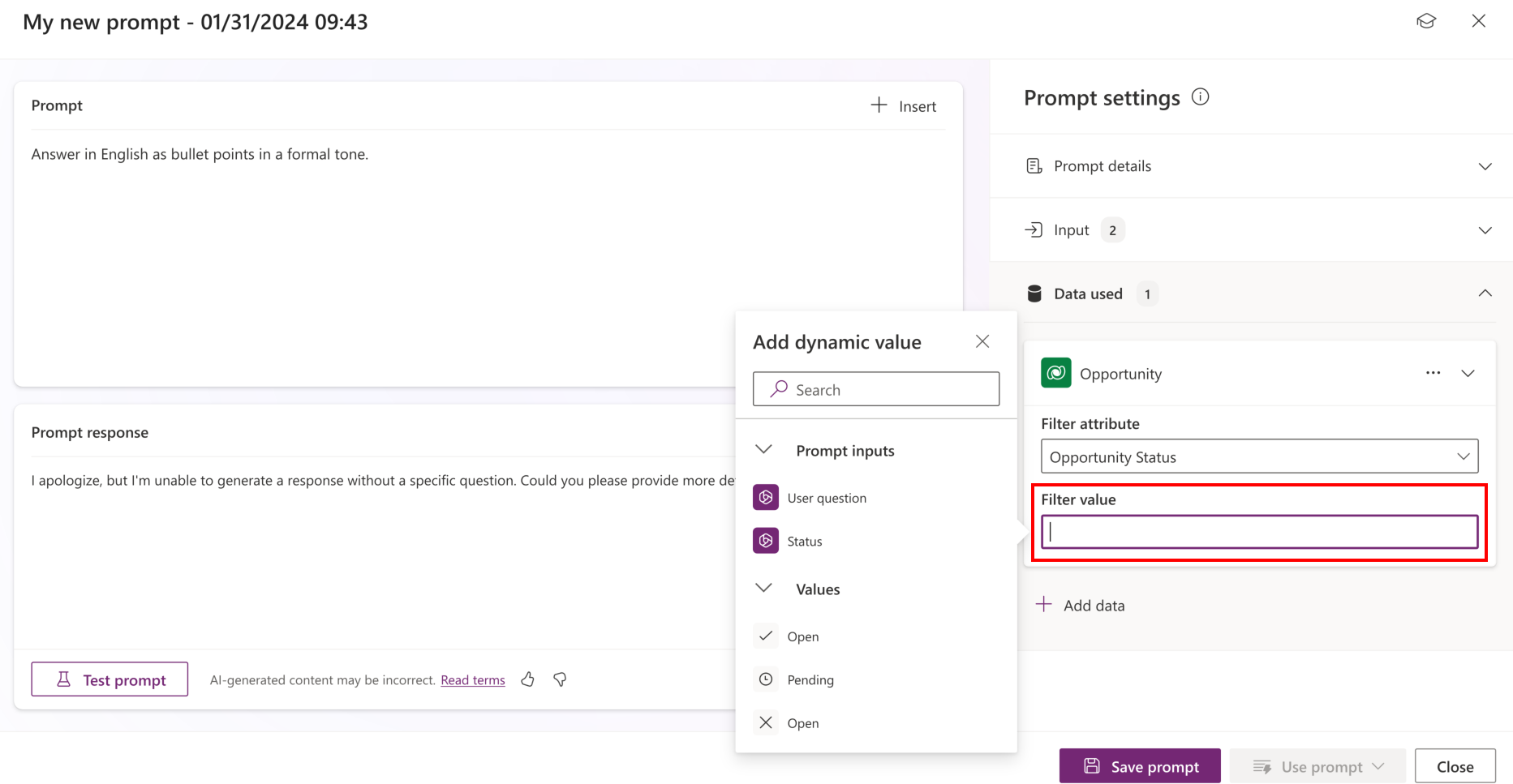 Screenshot of how to filter the 'Opportunity' table's 'Status' based on inputs defined in the prompt builder or a list of values.