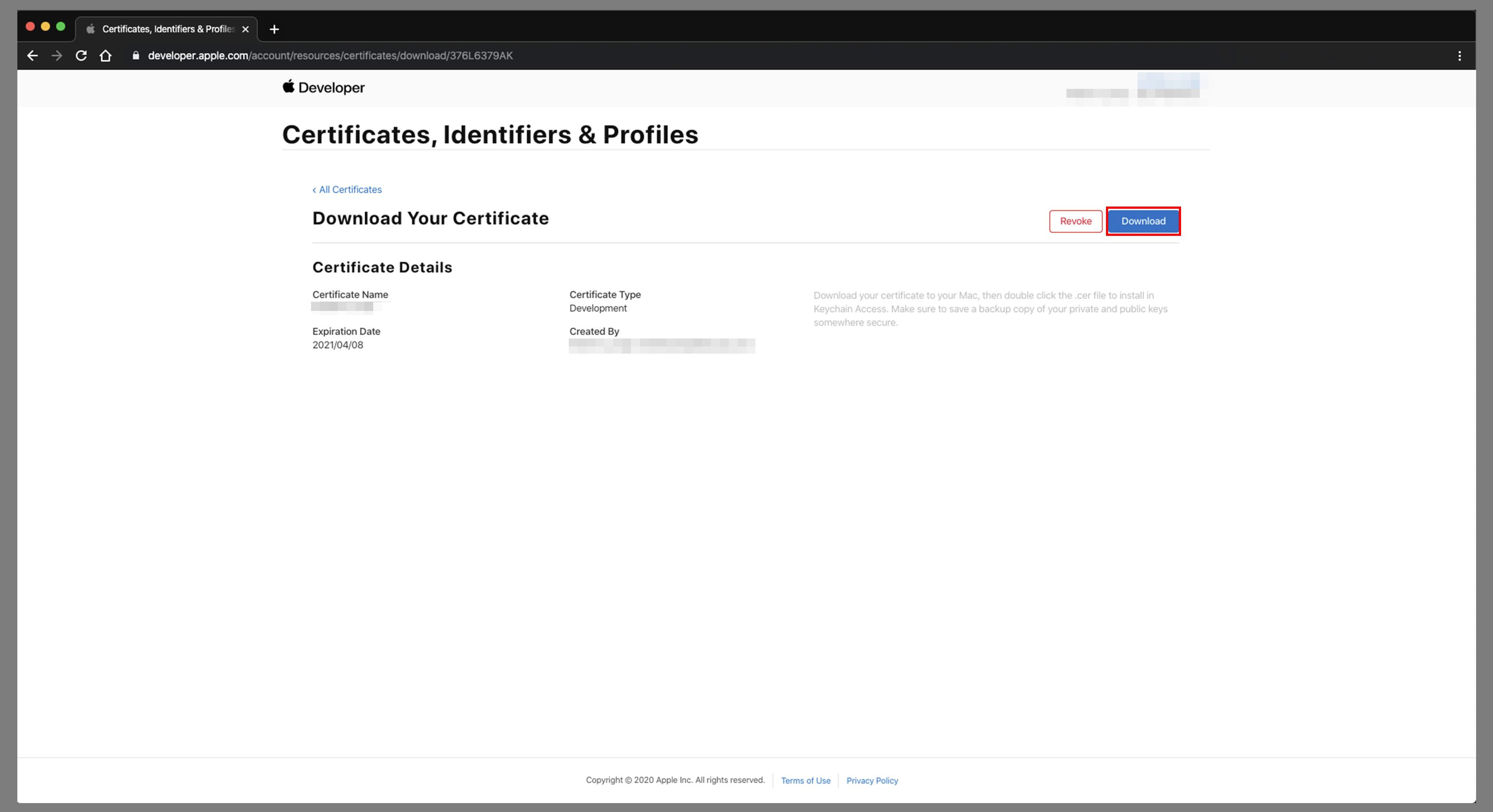 Download Certificate from Apple Developer portal