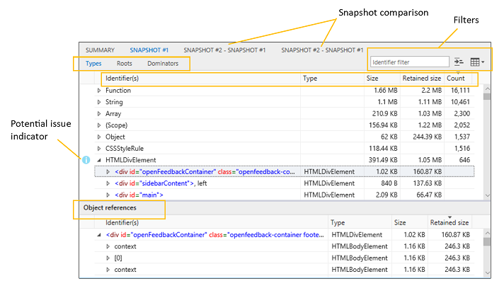 Snapshot details table