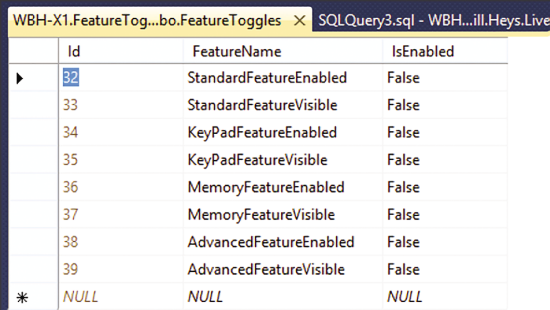 FeatureToggle Table After Initial Run