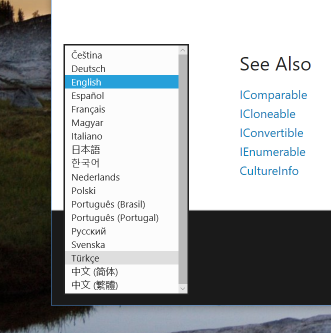 Screenshot of the docs dot microsoft dot com browser window, which is showing the language picker dropdown and the list of available languages.