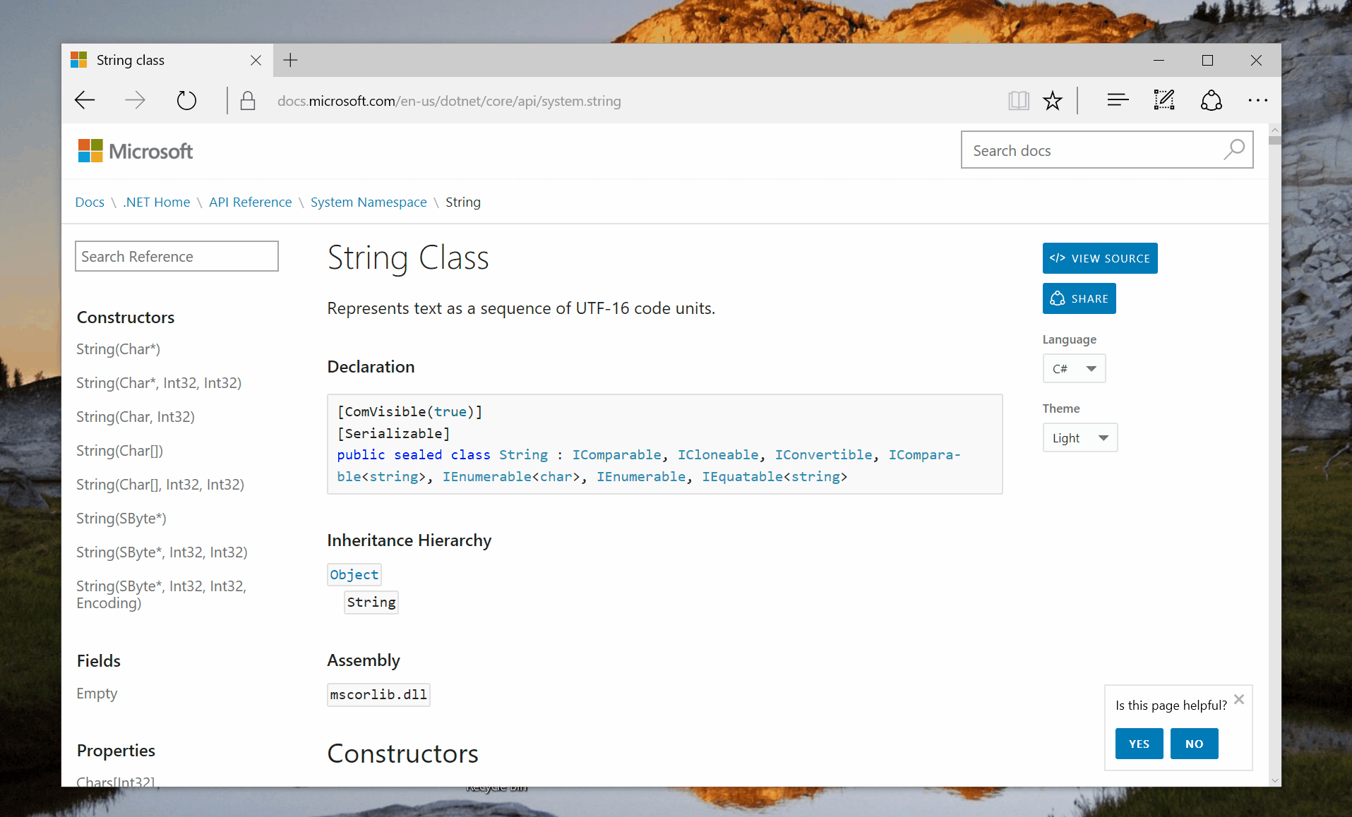 Animated GIF of the docs dot microsoft dot com website, which is showing the user scrolling through the String Class page.