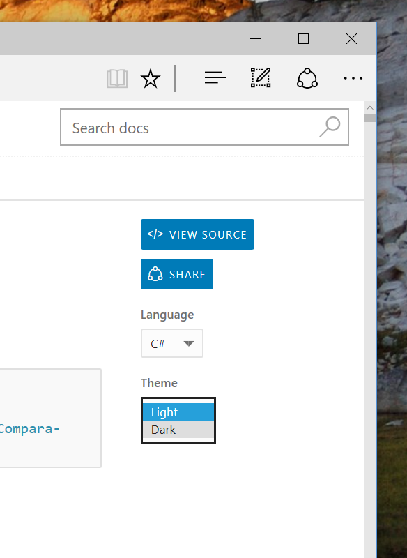 Screenshot of the docs dot microsoft dot com browser window, which is showing the theme dropdown list and the light and dark theme options.