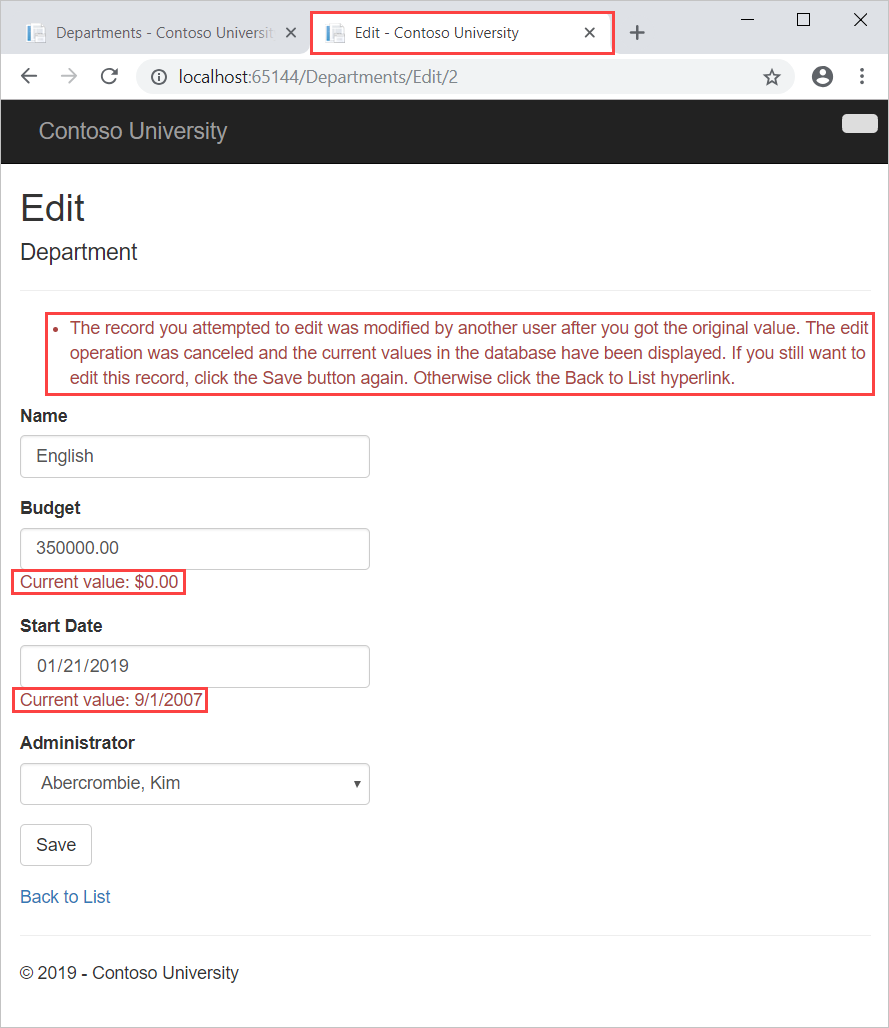 Screenshot shows the Edit page with values for Department Name, Budget, Start Date, and Administrator with current values highlighted.