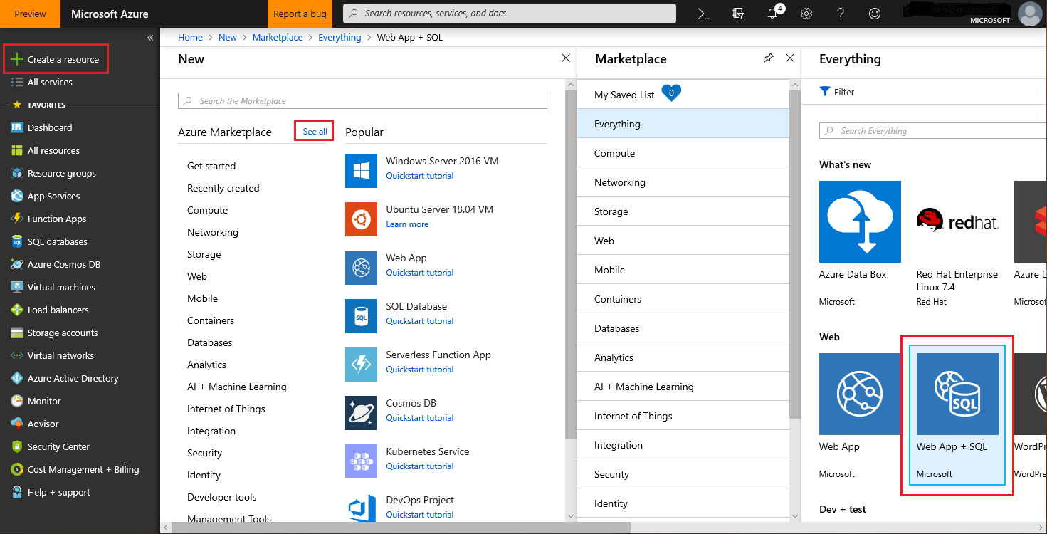 Create a resource in Azure portal