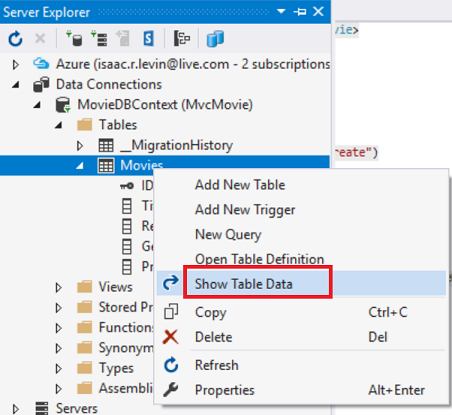 Screenshot that shows the Server Explorer window. The Movies right click menu is open. Show Table Data is selected and circled in red.