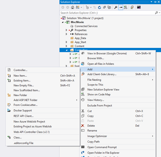 Screenshot that shows the Solution Explorer window. The Controllers right click menu and the Add sub menu are open.