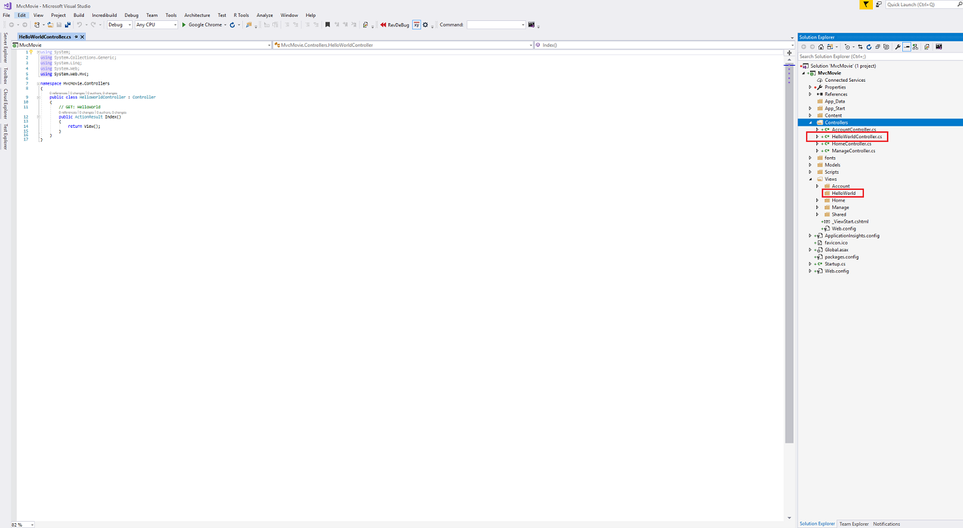 Screenshot that shows the Hello World Controller dot c s tab open. In the Solution Explorer, the Hello World Controller dot c s subfolder and the Hello World subfolder are circled in red.