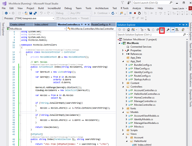 Screenshot that shows the Movies Controller dot c s tab and Solution Explorer open. The Show All Files icon is circled in red.