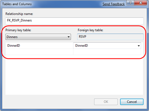 Screenshot of the Tables and Columns dialog. Primary Key Table and Foreign key table are highlighted.