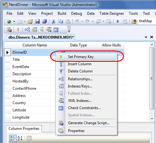Screenshot of the Dinner ID menu items. The Set Primary Key menu item is highlighted.