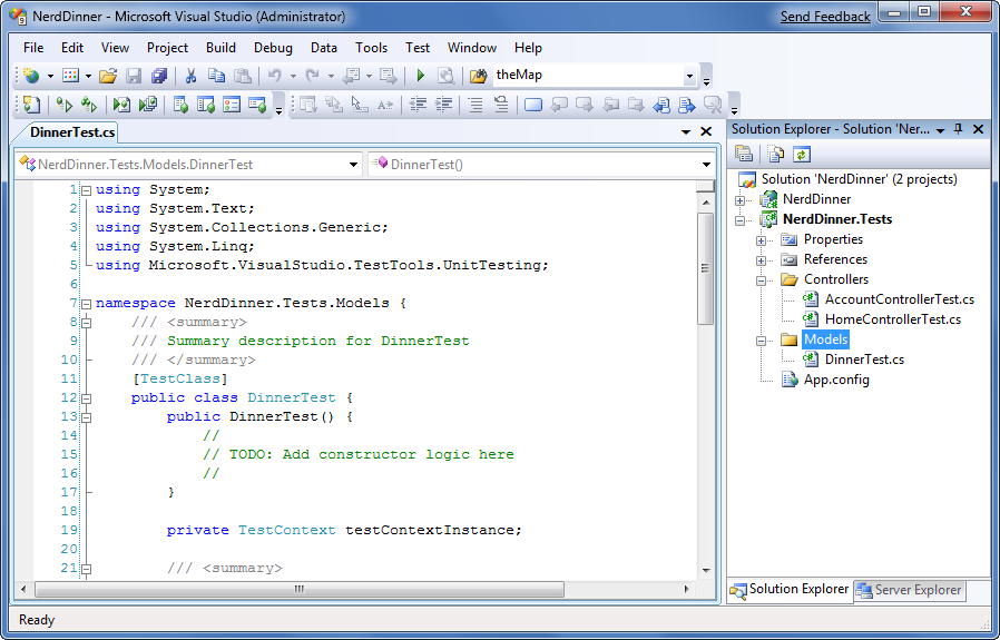 Screenshot of the Dinner Test dot c s file in Visual Studio.