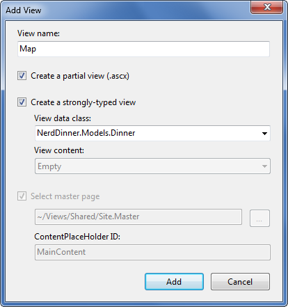 Screenshot of the Add View dialog. Nerd Dinner dot Models dot Dinner is written in the View data class box.