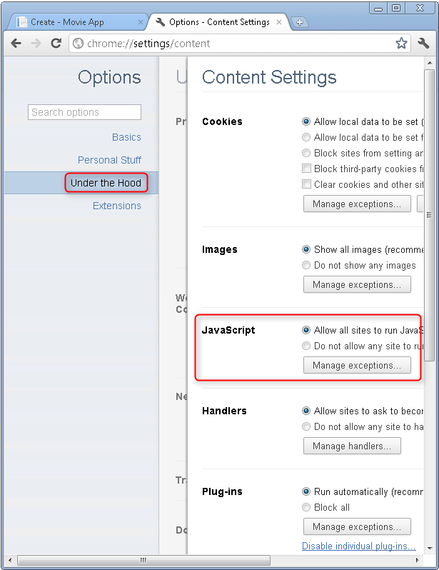 Screenshot that shows the Options page. Under the Hood is selected and circled in red. In the Content Settings, Java Script is set to Allow all sites to run Java Script.