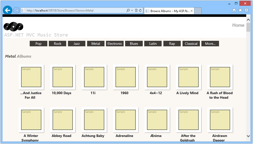 Screenshot shows a view where you verify that the albums are populated from the database.