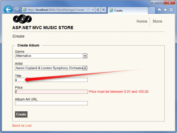 Screenshot of the Create form showing the Price field in red due to an error in input and accompanying red error text.