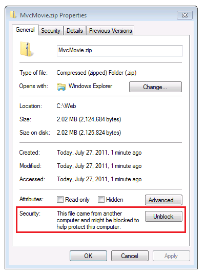 Screenshot showing the Mvc Movie dot zip Properties box with the Security section and Unblock button highlighted with a red rectangle.