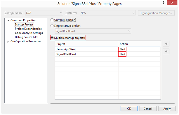 Screenshot of the Solution Property Pages screen with the Multiple startup projects radio button and Start Action entries being highlighted.