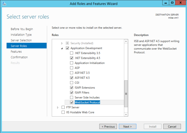 Screenshot that shows the Add Roles and Features Wizard dialog box. Server Roles and WebSocket Protocol are selected.