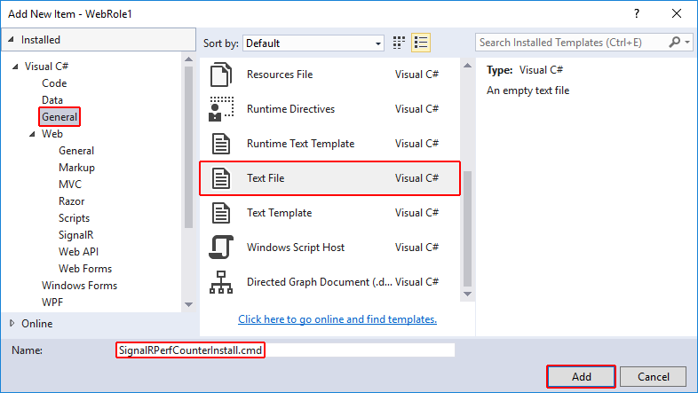 Create SignalR performance counter installation batch file