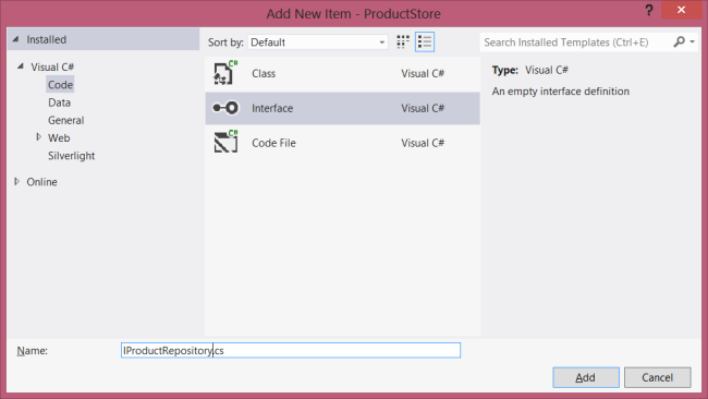 Screenshot of the templates pane, showing the installed templates menu, which highlights the code and interface options in grey.